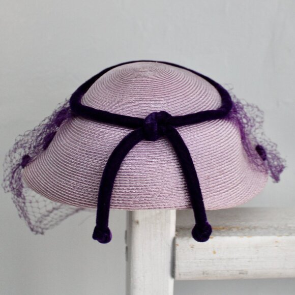 Vintage 1950's Lilac Woven Purple Heart Velvet Birdcage Veil Headpiece Hat - Picture 3 of 10